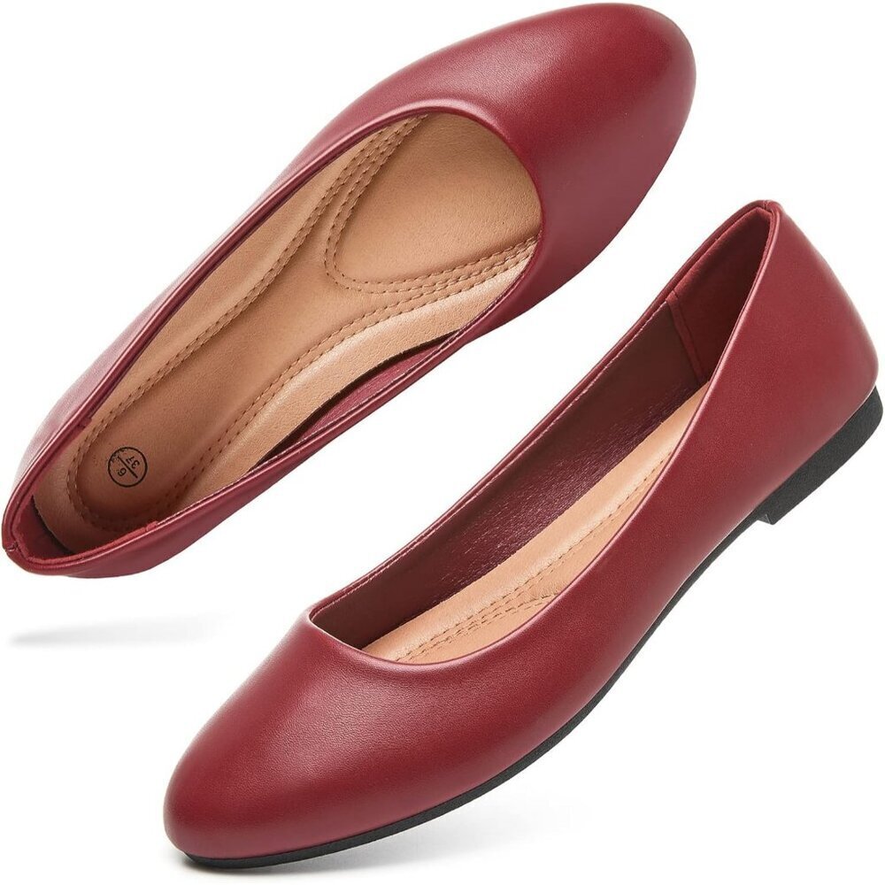 Women's Red PU Leather Closed Toe Slip on Comfortable Ballet Flats Shoes